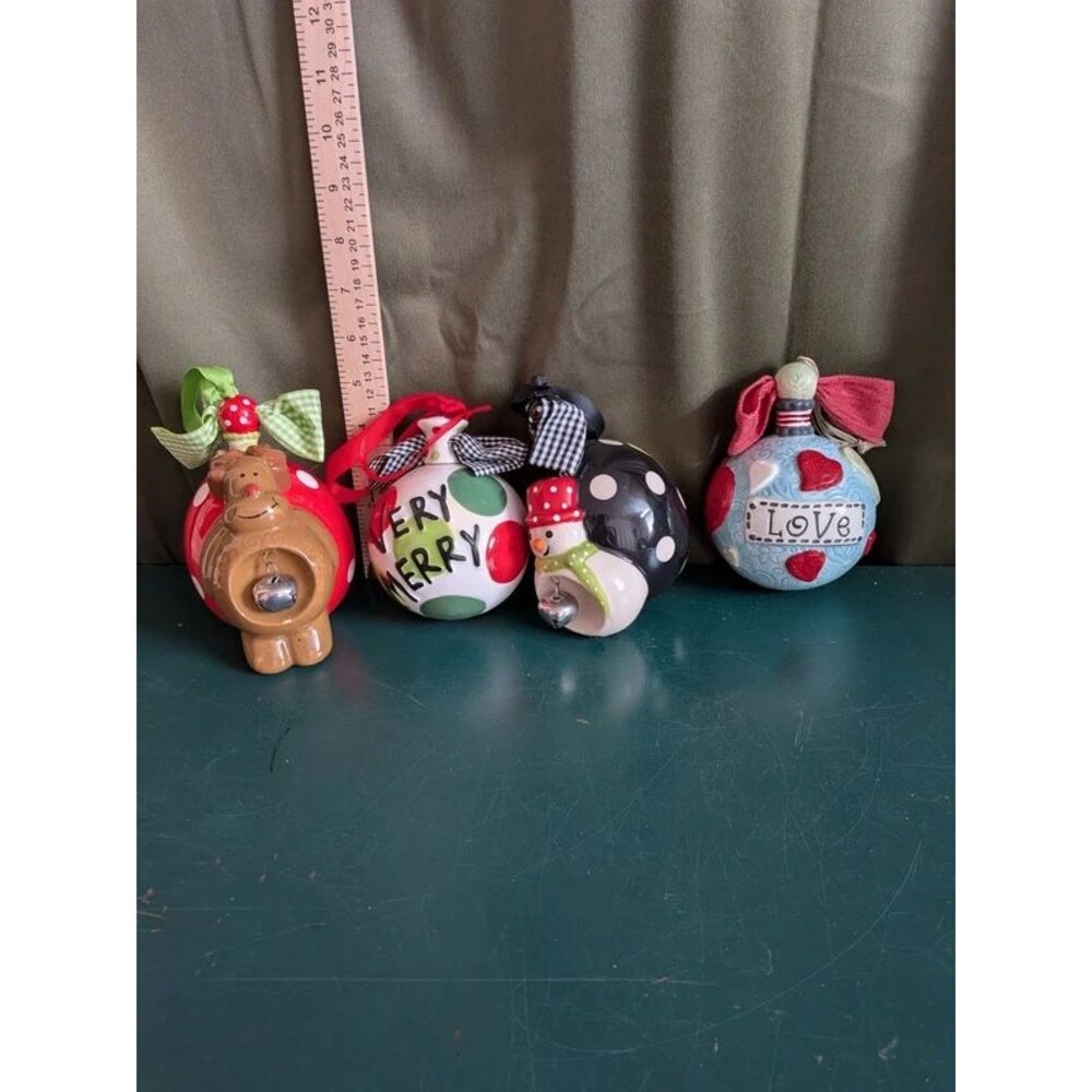 Vintage Hand-Painted Ceramic Holiday Bell & Ball Ornaments - Set of 4